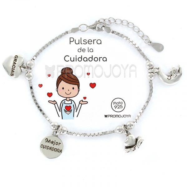 Pulsera de Cuidadora en plata de ley con cuatro colgantes
