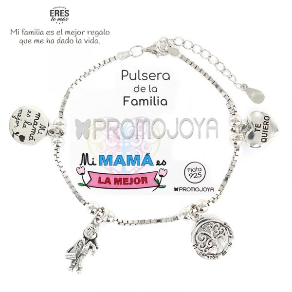 Pulsera de Mamá en plata de ley  con cuatro colgantes