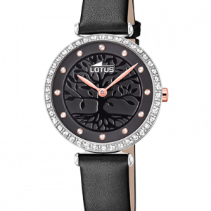 Reloj Lotus Mujer Esfera negra árbol de la vida correa piel negra 18707/3