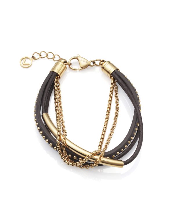 Pulsera Viceroy Air de acero multitiras Ip dorado y piel marrón 75304P01011
