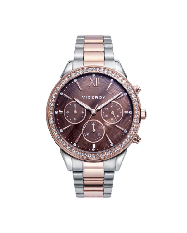 Reloj Viceroy mujer CHIC Multifunción con esfera madreperla marrón y brazalete bicolor IP rosa y bisel con circonitas 401262-43
