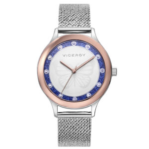Reloj Viceroy de mujer KISS con esfera blanca, bisel interior glitter con circonitas y malla efecto diamantado 401264-37
