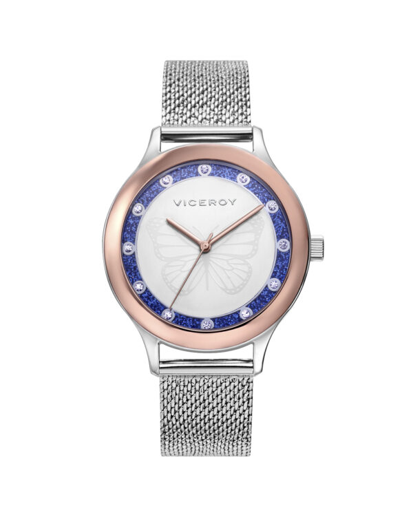 Reloj Viceroy de mujer KISS con esfera blanca, bisel interior glitter con circonitas y malla efecto diamantado 401264-37