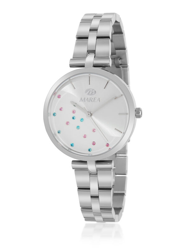Reloj Marea Mujer Esfera plata con pedrería rosa y azul brazalete acero B54223/1