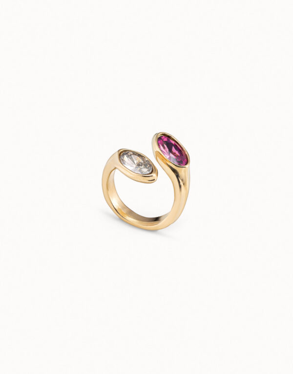 Anillo Uno de 50 color dorado, diseño abierto con dos cristales en los extremos, uno blanco y otro color vino ANI0736MCLORO