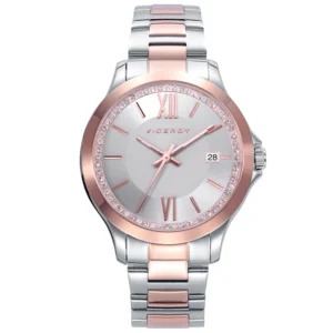 Reloj de mujer Viceroy Kiss tres agujas, caja y brazalete en acero bitono en color acero e Ip rosa, esfera blanca con circonitas y agujas en color rosado.42432-73