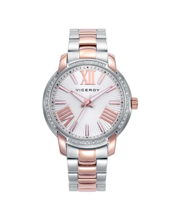 Reloj Viceroy de Mujer Chic, colección especial Rocio Osorno,tres agujas con caja y brazalete en acero bitono en acero e Ip rosa, esfera plateada con indices en color rosa. 401266-83