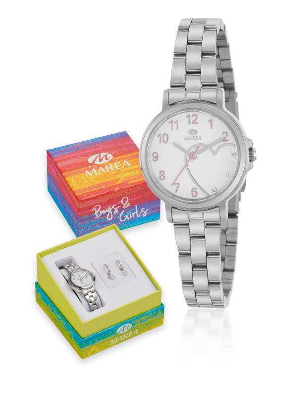 Pack Reloj Marea Girl esfera blanca con corazón y agujas en rosa+pendientes de plata B36188/1