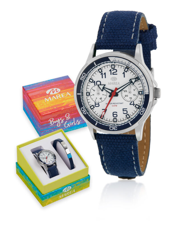 Pack Marea Niño Reloj Multifunción esfera blanca, números azules y correa azul+pulsera acero y piel azul B41340/1