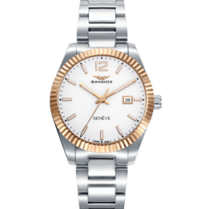 Reloj Sandoz Mujer Casuel Esfera blanca, bisel ip dorado y brazalete acero 81384-59