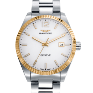 Reloj Sandoz Hombre Casuel Tres agujas, esfera blanca y bisel ip dorado 81525-59