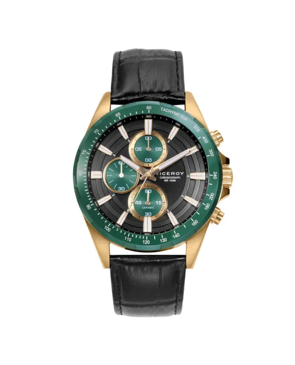 Reloj Viceroy de Hombre Magnum caja de acero en Ip dorado, bisel verde y correa de piel negra 401337-57