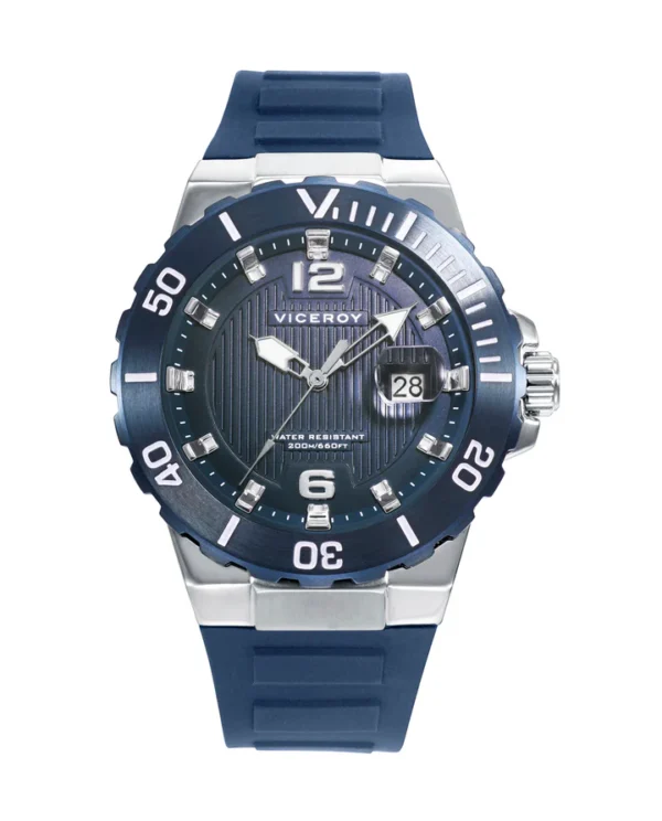 Reloj Viceroy caja de acero con bisel Ip azul rotatorio y correa de silicona en color azul 45001-35