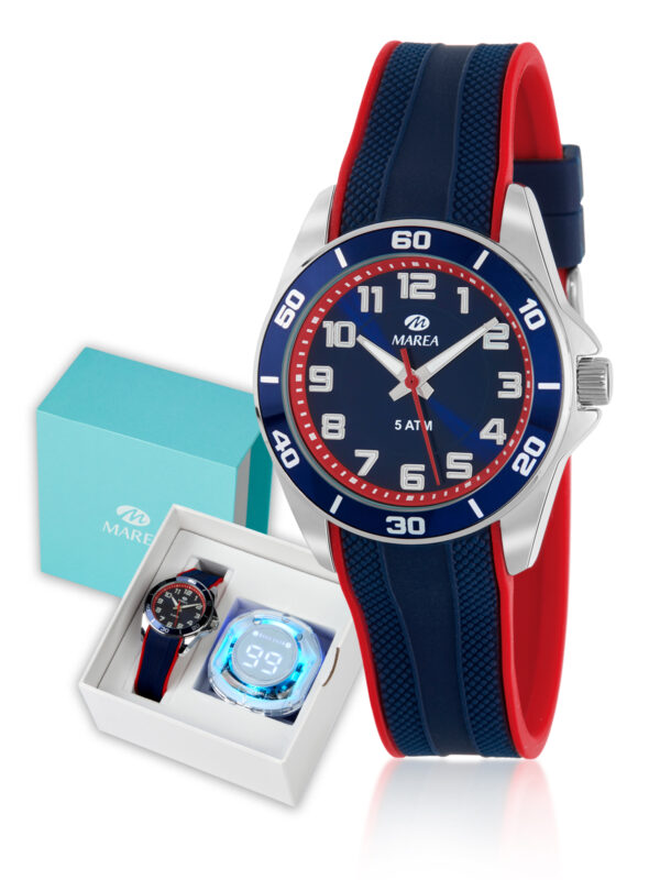Reloj Marea Niño Esfera negra/correa caucho azul y roja+auriculares Bluetooth B35373/2