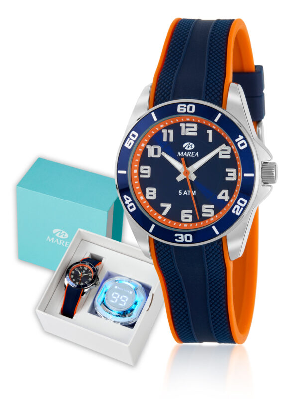 Reloj Marea Niño esfera azul/correa caucho azul y naranja+auriculares Bluetooth B35373/4