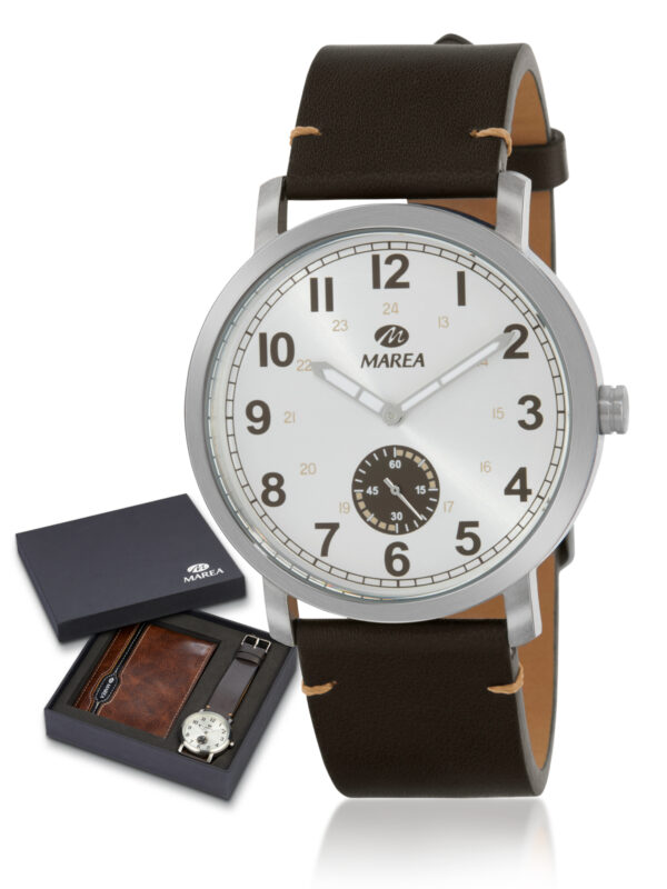 Reloj Marea Hombre esfera plateada correa piel marrón+cartera marrón B36185/6