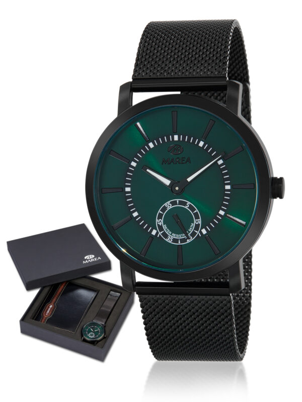 Reloj Marea Hombre Esfera verde malla milanesa negra+monedero negro B36186/6