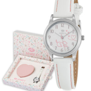 Reloj Marea Niña Esfera blanca con dibujo lineal de perro/correa piel +monedero rosa en forma de corazón B41400/1