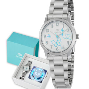 Reloj Marea Niña Esfera plata con mariposa lineal azul/brazalete acero+auriculares Bluetooth B41401/3