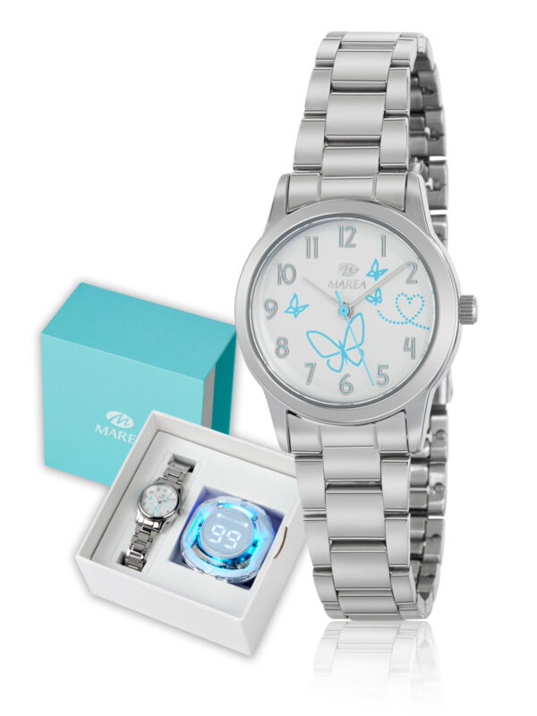 Reloj Marea Niña Esfera plata con mariposa lineal azul/brazalete acero+auriculares Bluetooth B41401/3