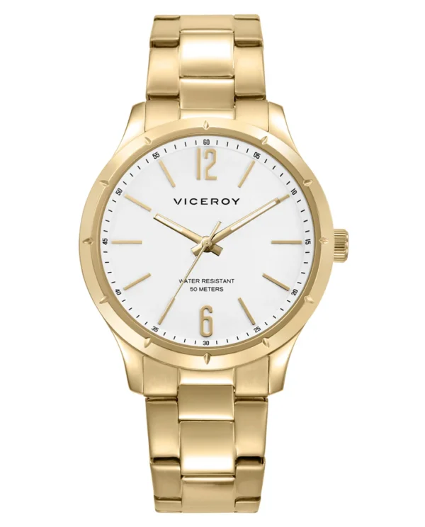 Reloj de hombre Viceroy en acero IP dorado, con esfera blanca y diseño elegante 401493-05