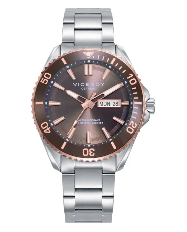 Reloj Viceroy de hombre en acero con bisel de cerámica marrón e IP rosa, esfera gris y brazalete sólido 41175-17
