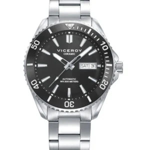 Reloj Viceroy automático de hombre con caja de acero, bisel de cerámica negra y brazalete de acero con esfera negra y calendario 41181-57