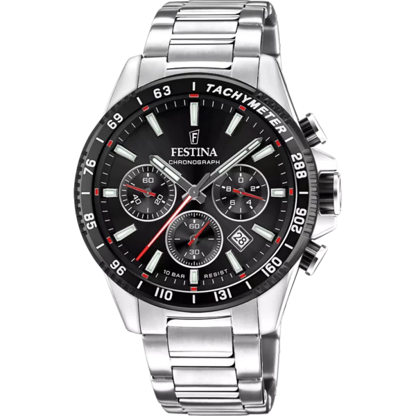 Reloj de hombre Festina Timeless Chronograph Esfera negra y brazalete acero F20560/6