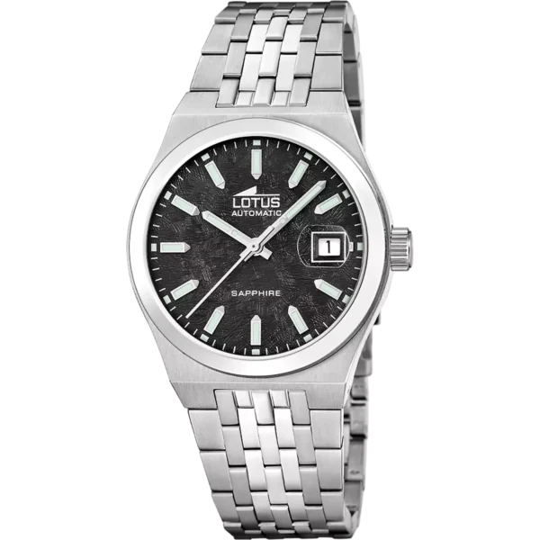 Reloj Lotus Automático 19000/8 esfera color negro brazalete de acero inoxidable, hombre